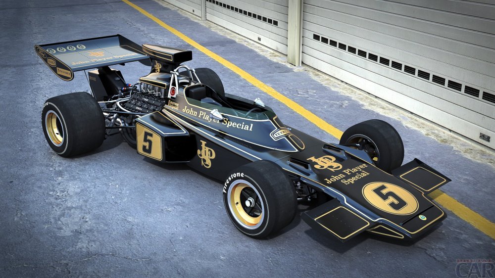 Photos de qualité de classe de voiture de sport avec des boules de feu vives de Formule 1 Lotus 72F.