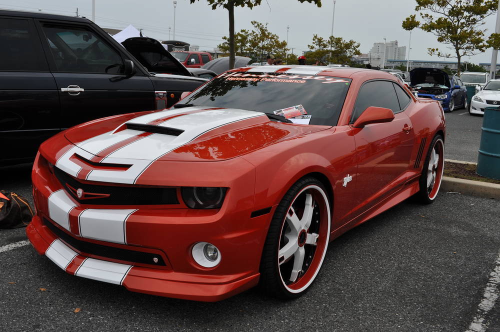 Red muscle car Chevrolet Camaro.